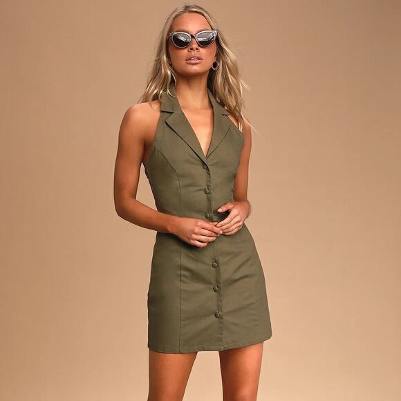 NWT Lulu’s You’re a Natural Olive Green Button Up Halter Mini Dress - Picture 3 of 12